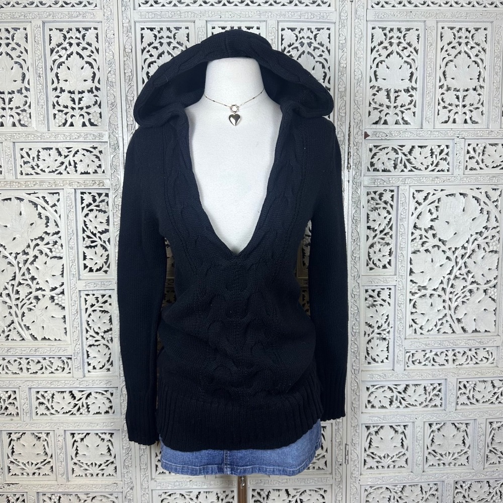 Y2K Style Old Navy NWT Black Lambswool Blend Chunky Hooded V Neck‎ Sweater Sz S